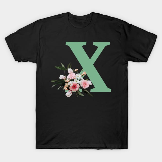 Letter X green with colorful flowers T-Shirt by ColorsHappiness